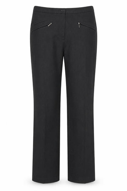 Front view of Preworn women’s grey trousers, size UK 28, in, 30-inch leg