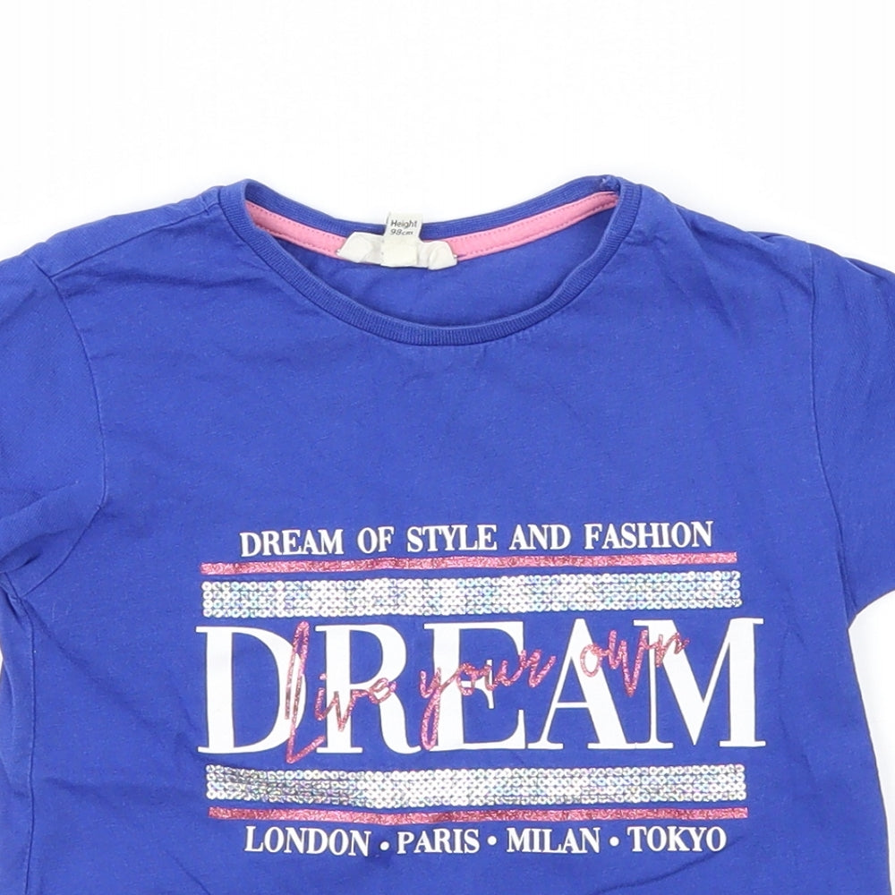 Close-up detail of River Island boys’ blue basic t-shirt, size 2-3, years
