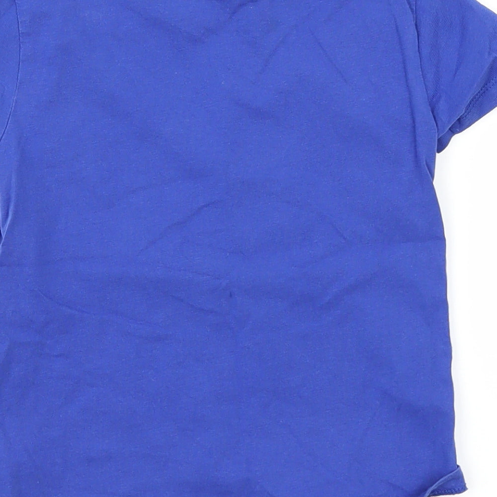 Brand and care label for River Island boys’ blue basic t-shirt, size 2-3, years