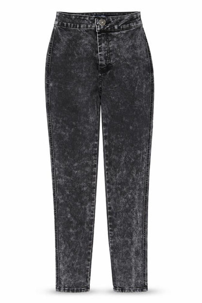 Front view of denim club women’s black skinny jeans, size UK 8, 27-inch leg