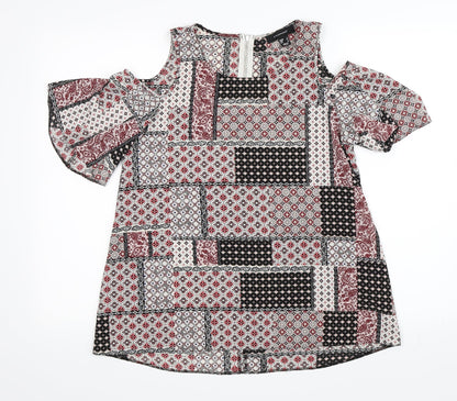 Primark Womens Red Paisley  Basic T-Shirt Size 6  - Cold Shoulder