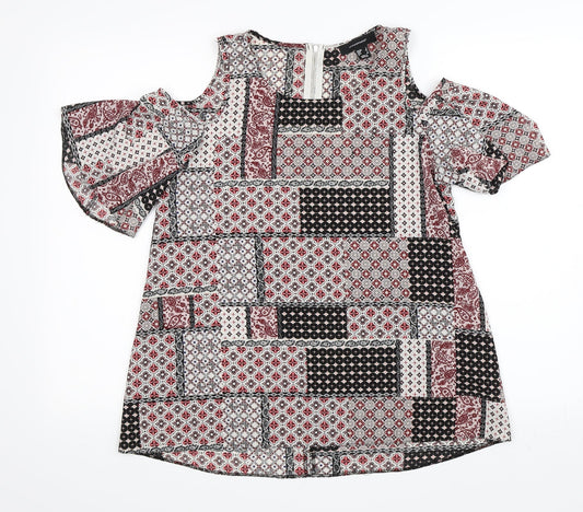 Primark Womens Red Paisley  Basic T-Shirt Size 6  - Cold Shoulder