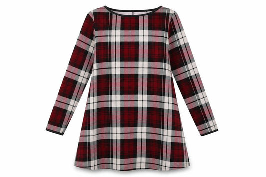 Front view of women’s red check shift, size UK 8