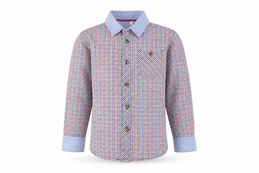 Front view of John Lewis boys’ blue plaid basic button-up, size 6, years