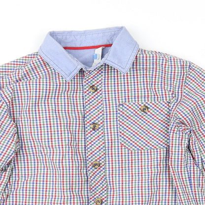 Close-up detail of John Lewis boys’ blue plaid basic button-up, size 6, years