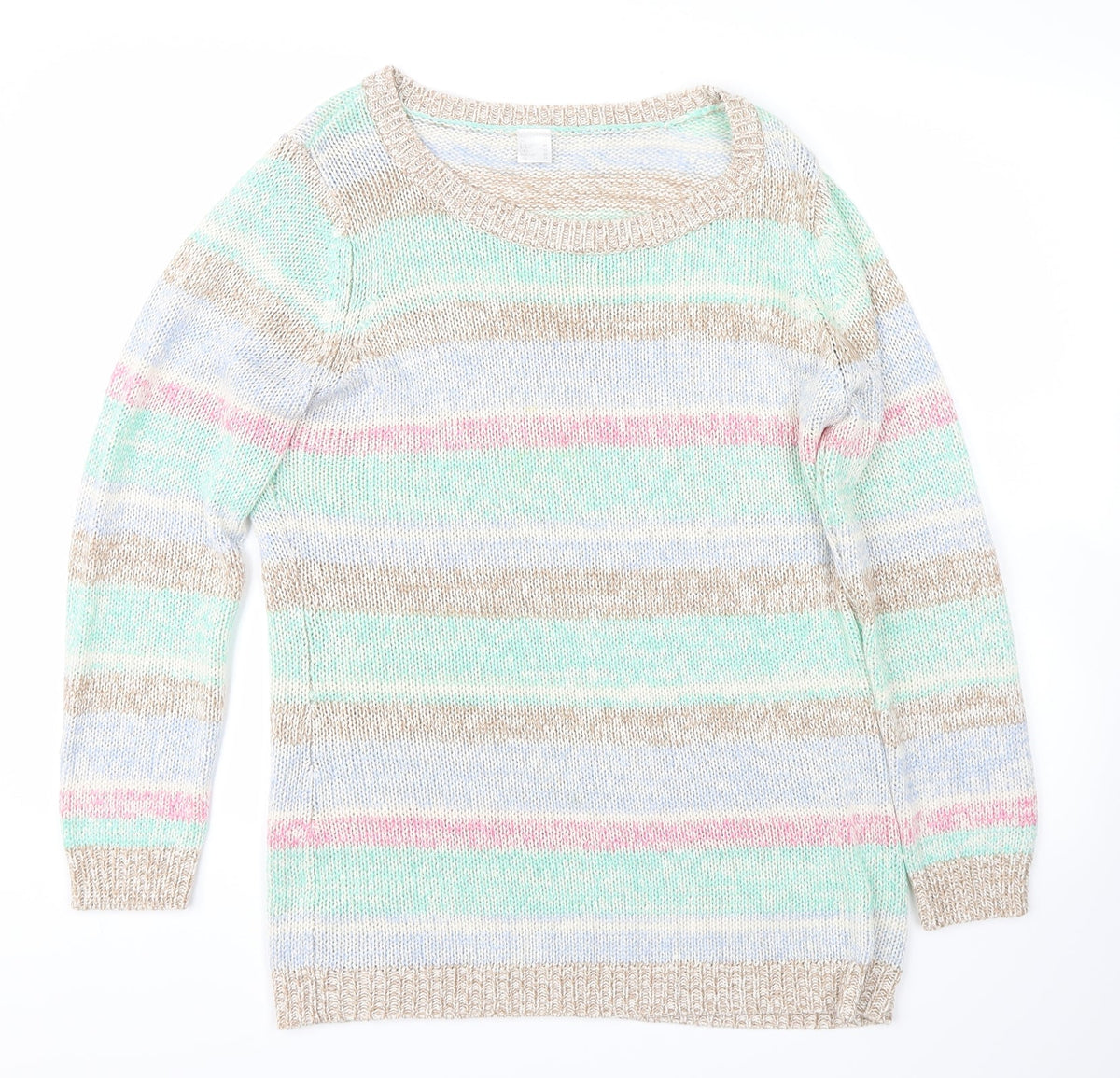 Additional front view of Vintage women’s multicoloured striped jumper, size UK 16