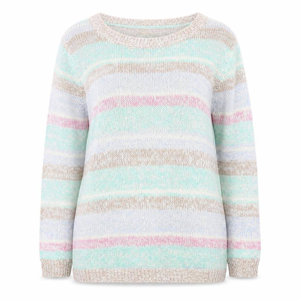 Front view of Vintage women’s multicoloured striped jumper, size UK 16