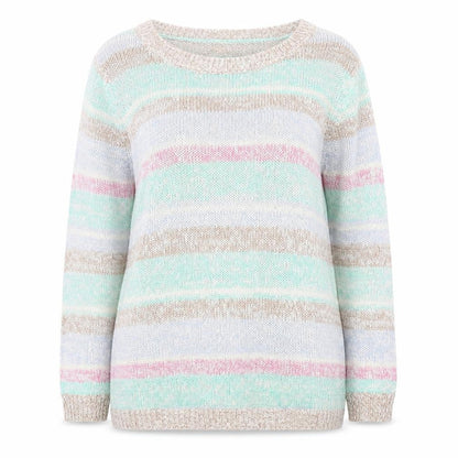 Front view of Vintage women’s multicoloured striped jumper, size UK 16