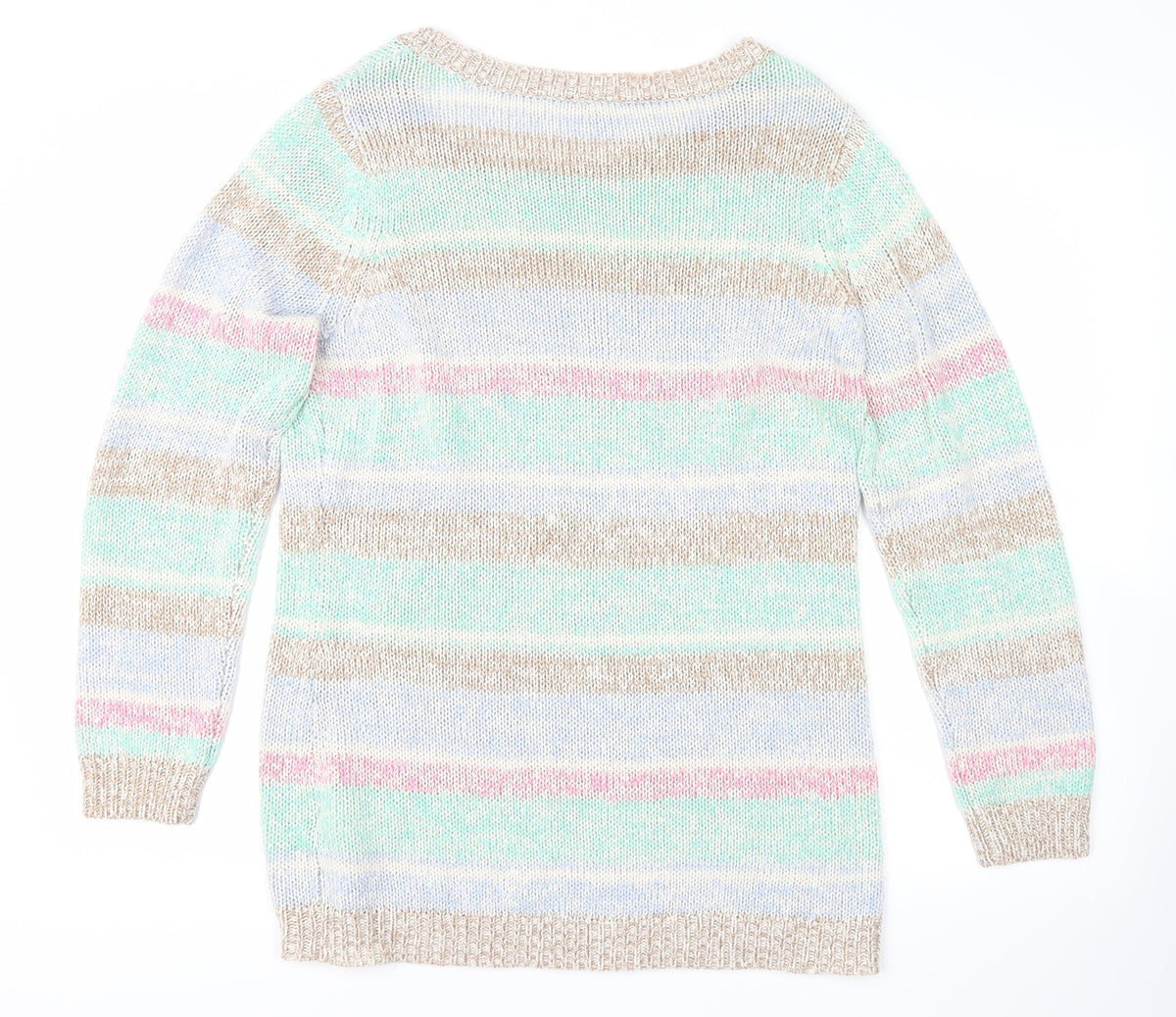 Back view of Vintage women’s multicoloured striped jumper, size UK 16