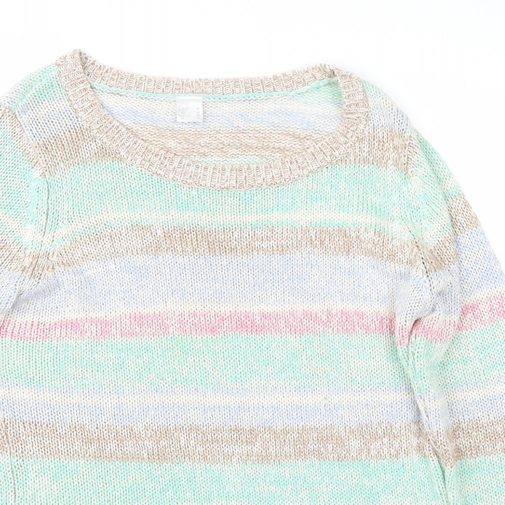 Close-up detail of Vintage women’s multicoloured striped jumper, size UK 16