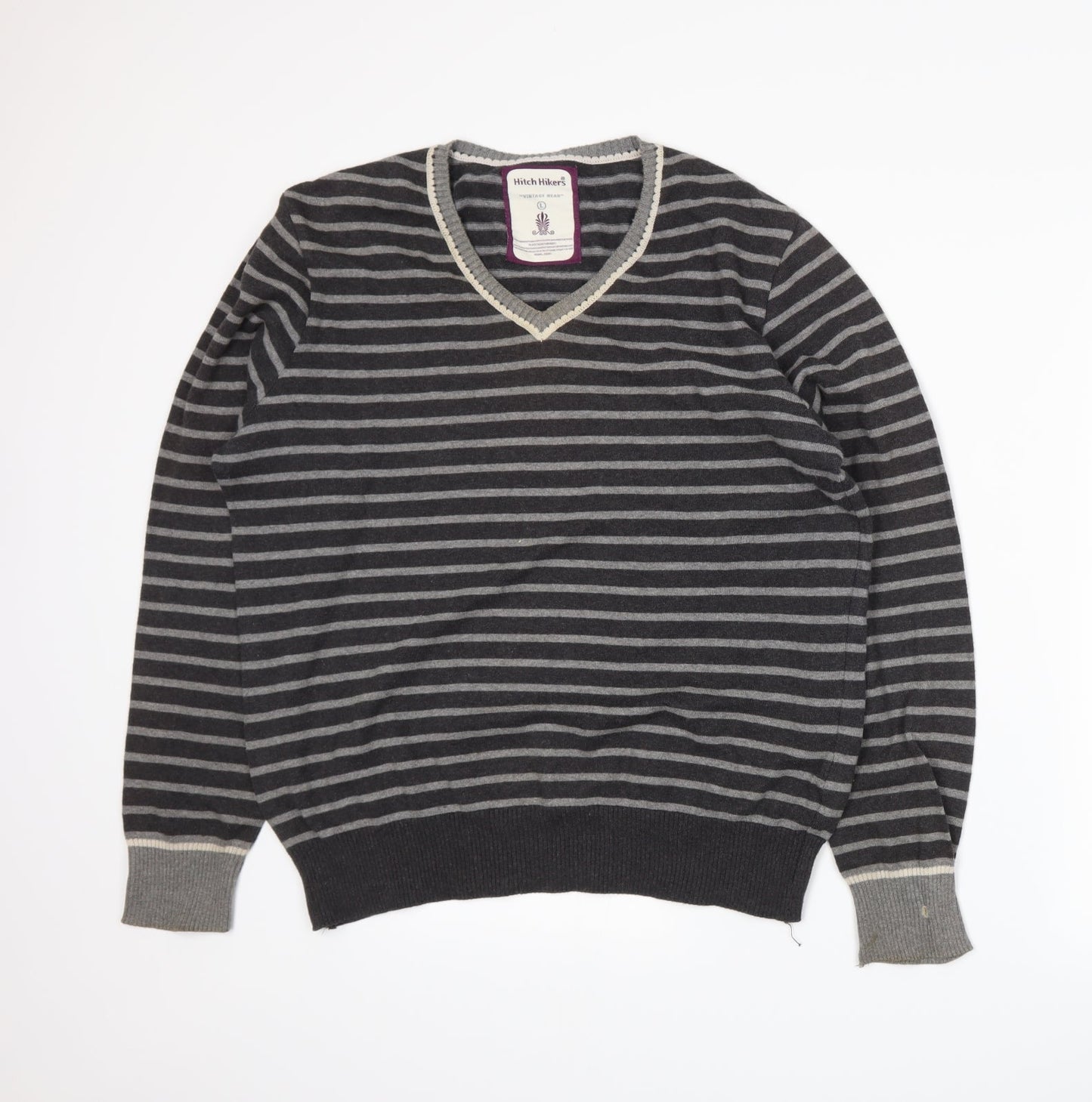 Hitch Hikers Mens Grey Striped Knit Pullover Jumper Size L