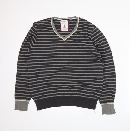 Hitch Hikers Mens Grey Striped Knit Pullover Jumper Size L