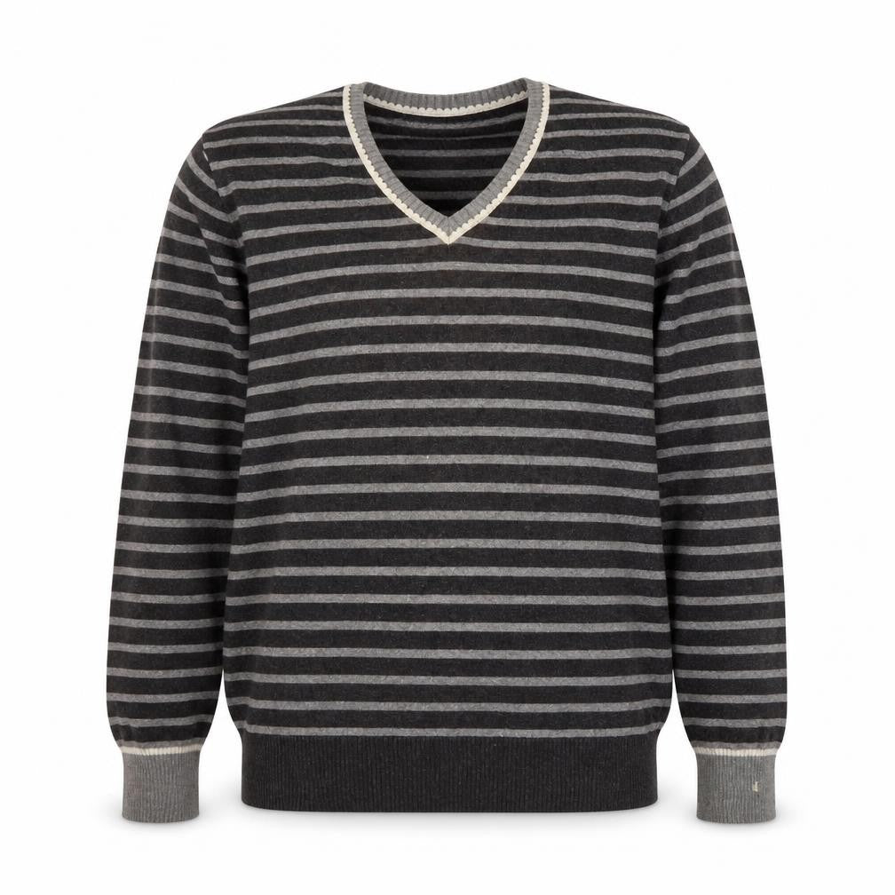 Front view of Hitch Hikers men’s grey striped knit jumper, size L