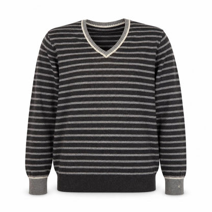 Front view of Hitch Hikers men’s grey striped knit jumper, size L