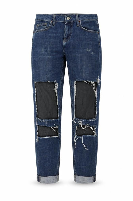 Front view of Topshop women’s blue skinny jeans, size UK 25, in, 32-inch leg - distressed