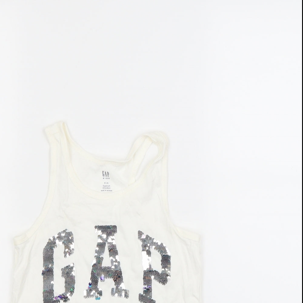 Close-up detail of Gap girls’ white basic tank, size 8, years