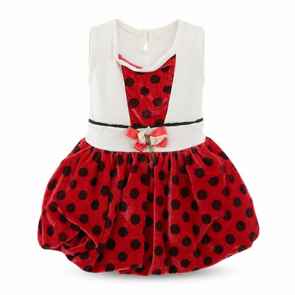 Front view of Seram girls’ red polka dot velour skater dress, size 18-24, months