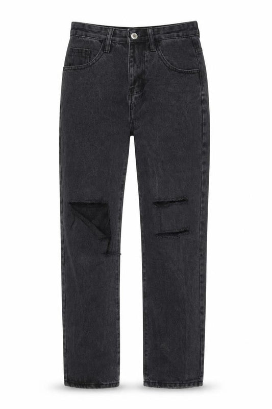 Front view of SHEIN women’s black denim straight jeans, size XS, 30-inch leg