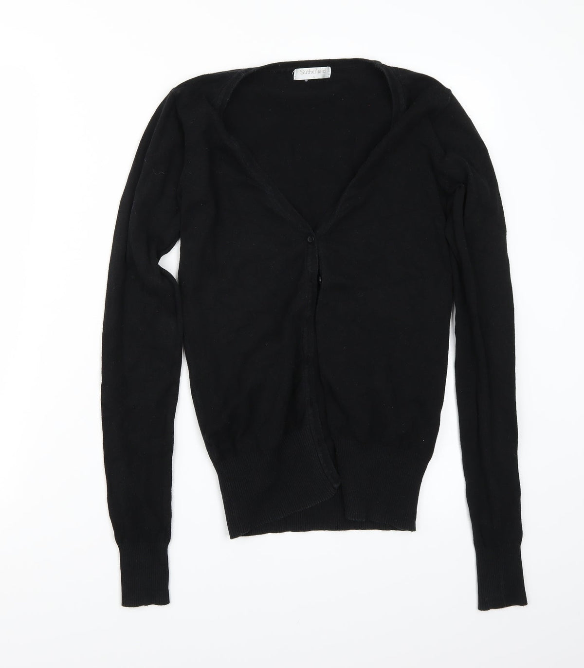 Additional front view of Sutherland women’s black cardigan jumper, size S