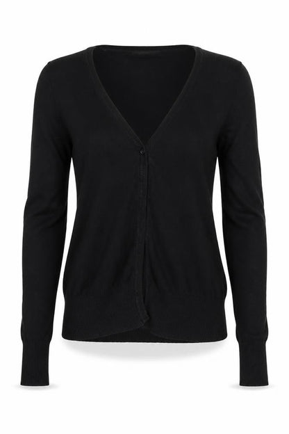 Front view of Sutherland women’s black cardigan jumper, size S