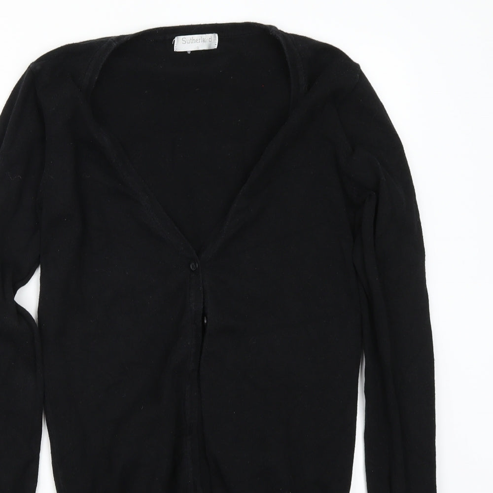 Close-up detail of Sutherland women’s black cardigan jumper, size S