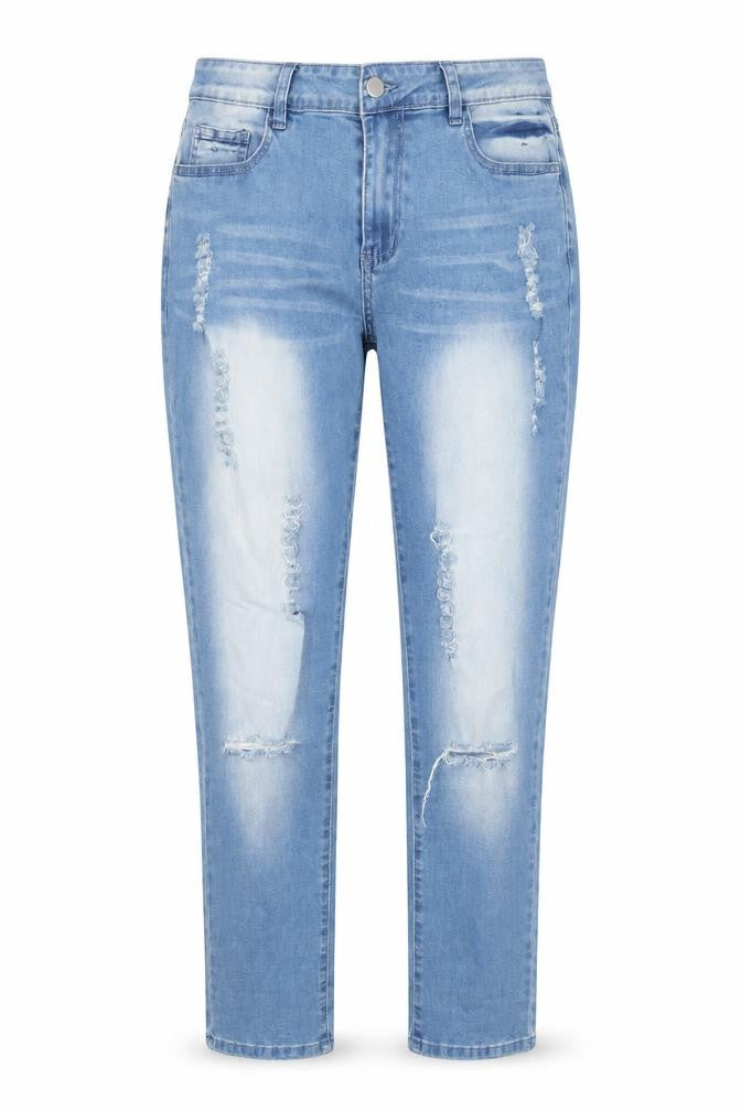 Front view of Tendency women’s blue denim mom jeans, size L, 31-inch leg