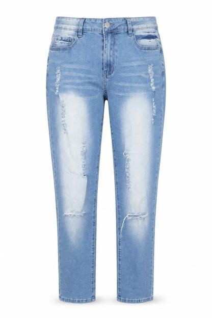 Front view of Tendency women’s blue denim mom jeans, size L, 31-inch leg