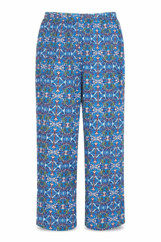 Front view of Pretty Secrets women’s blue geometric trousers, size UK 16, 27-inch leg