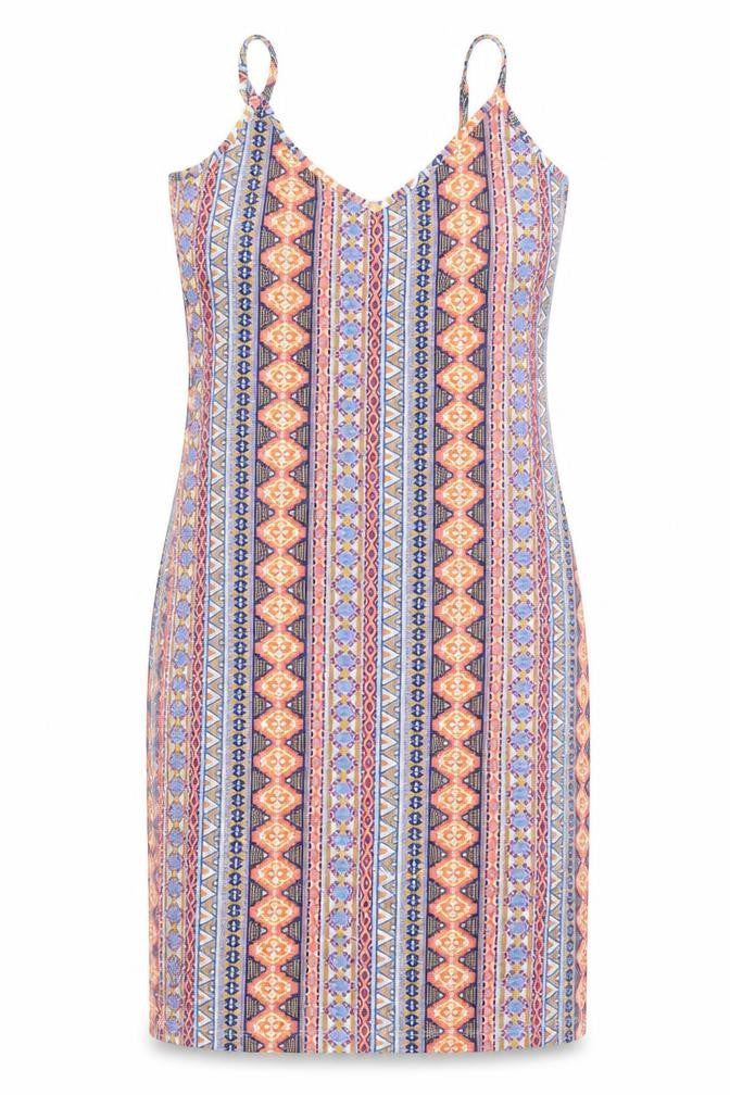 Front view of New Look women’s blue geometric tank dress, size UK 10