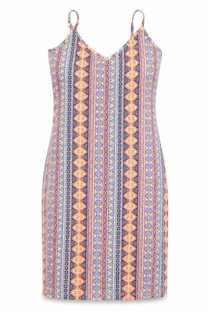 Front view of New Look women’s blue geometric tank dress, size UK 10
