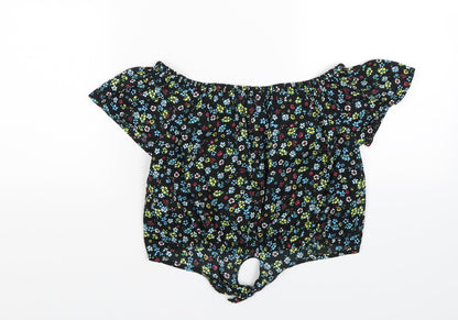New Look Girls Black Floral Satin Cropped T-Shirt Size 13 Years