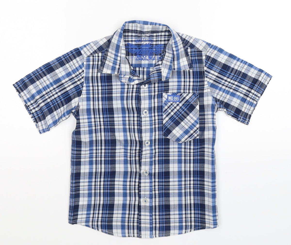 Additional front view of not guilty boys’ blue check basic button-up, size 3-4, years