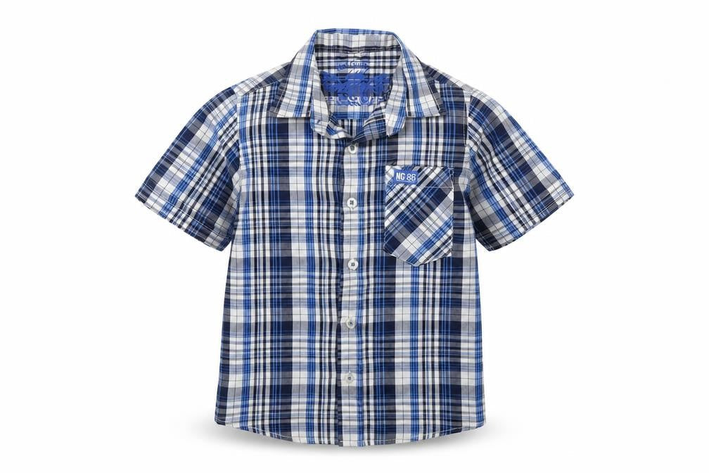 Front view of not guilty boys’ blue check basic button-up, size 3-4, years