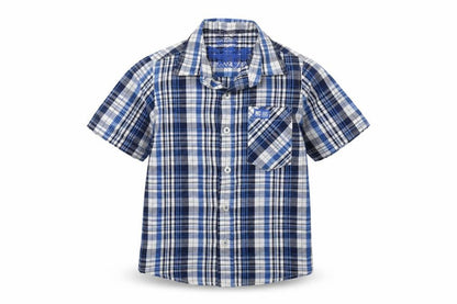 Front view of not guilty boys’ blue check basic button-up, size 3-4, years