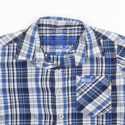 Close-up detail of not guilty boys’ blue check basic button-up, size 3-4, years