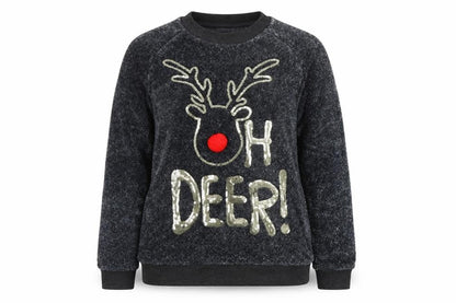 Front view of Primark women’s grey pullover sweatshirt, size UK 6, - christmas reindeer