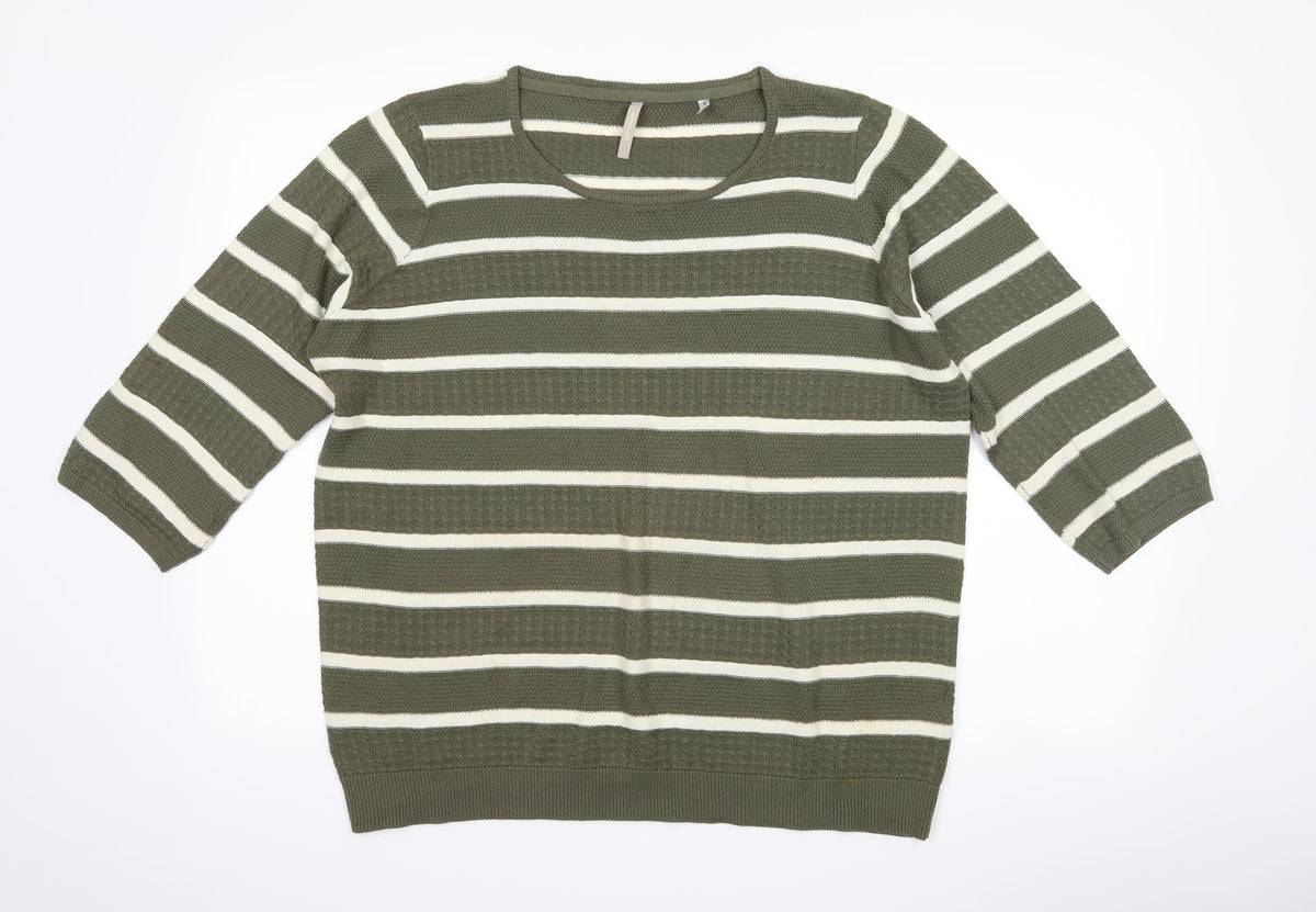Front view of Anthology women’s green striped jumper, size UK 16
