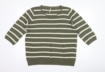 Front view of Anthology women’s green striped jumper, size UK 16