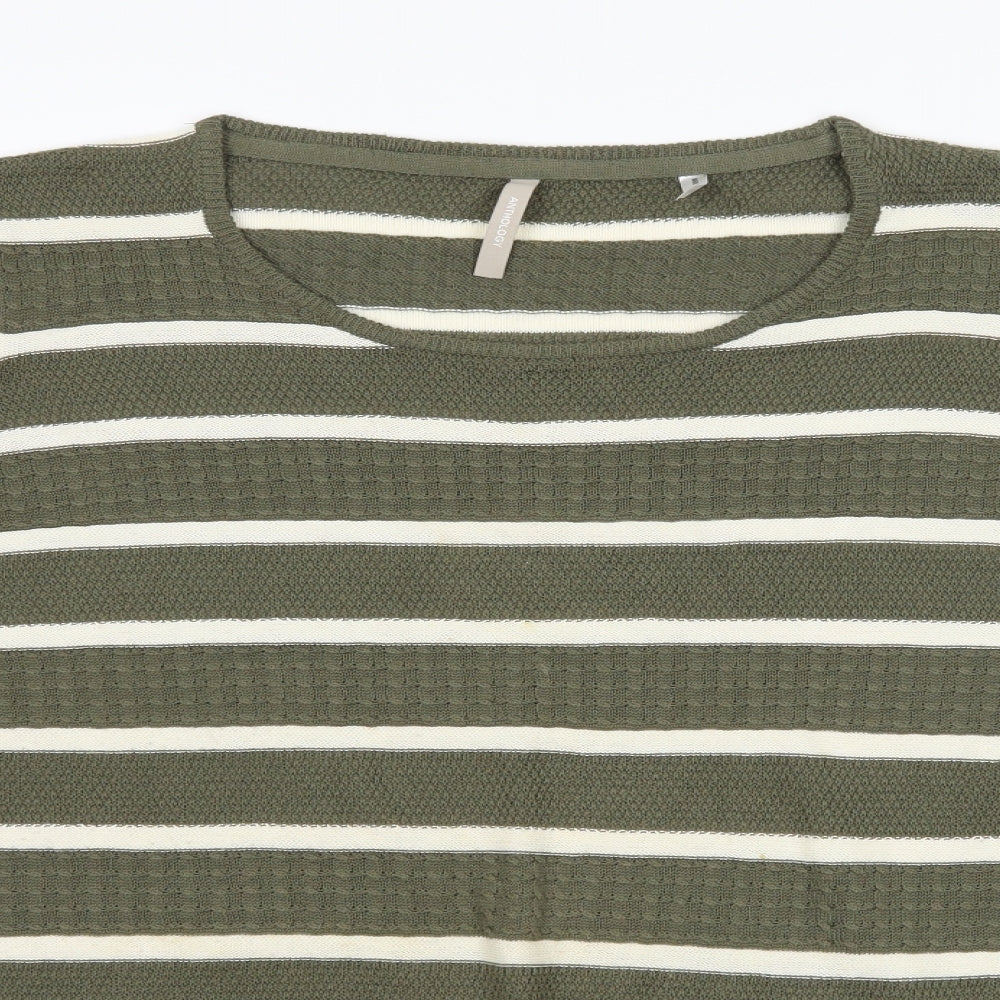 Close-up detail of Anthology women’s green striped jumper, size UK 16