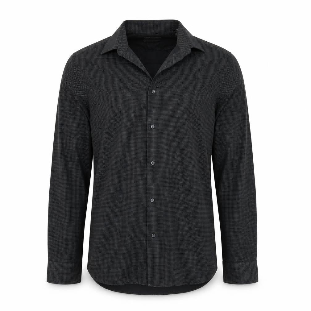 Front view of Topman men’s blue polka dot dress shirt, size S