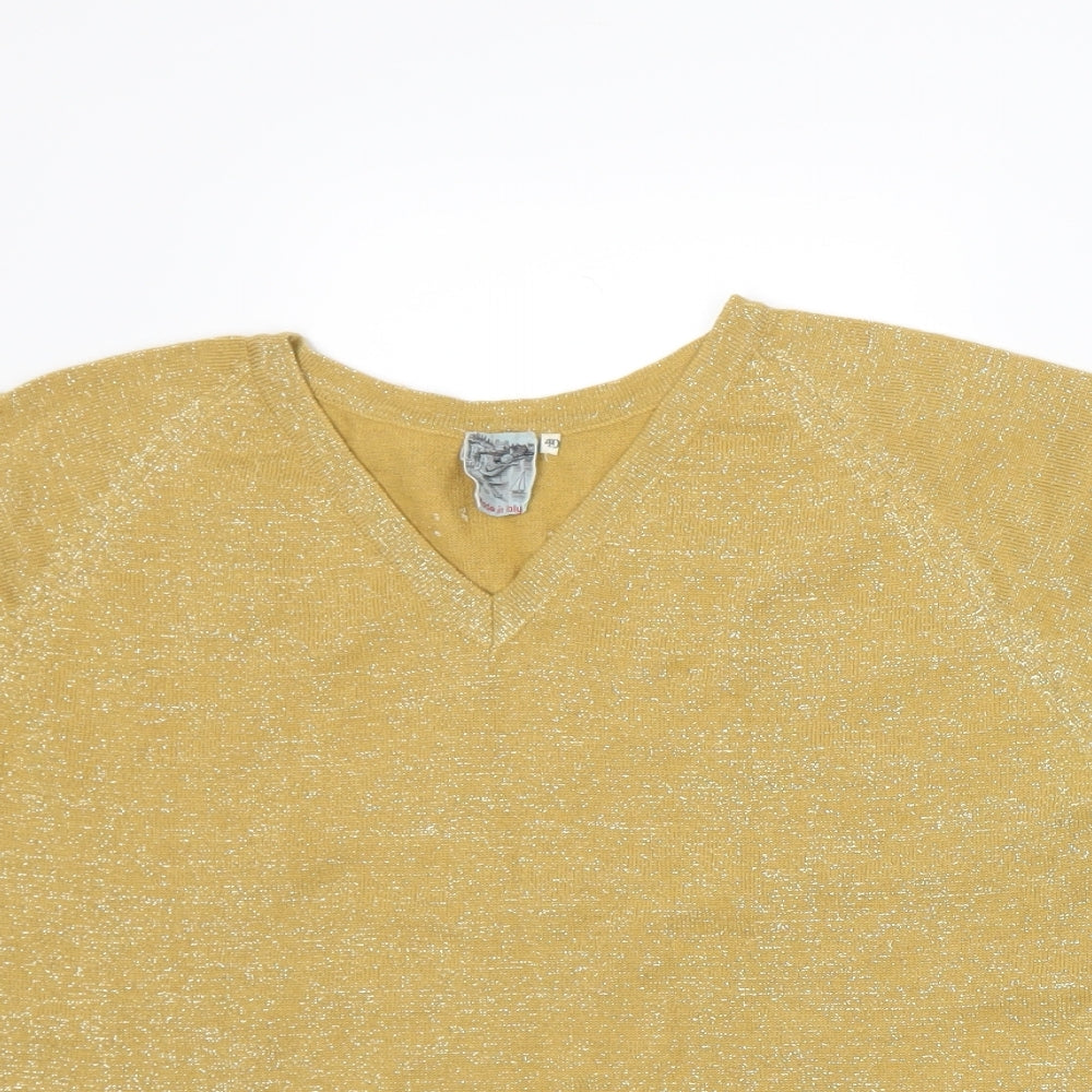 Close-up detail of Preworn women’s yellow knit jumper, size UK 8