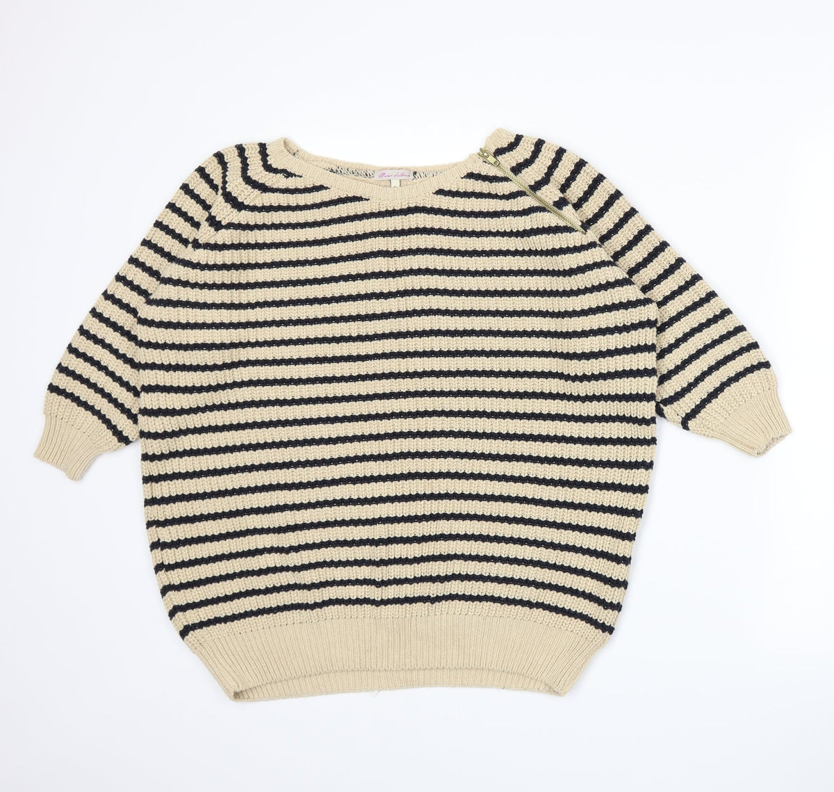 Additional front view of River Island women’s beige striped knit jumper, size UK 6