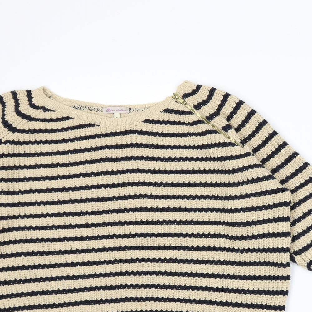 Close-up detail of River Island women’s beige striped knit jumper, size UK 6