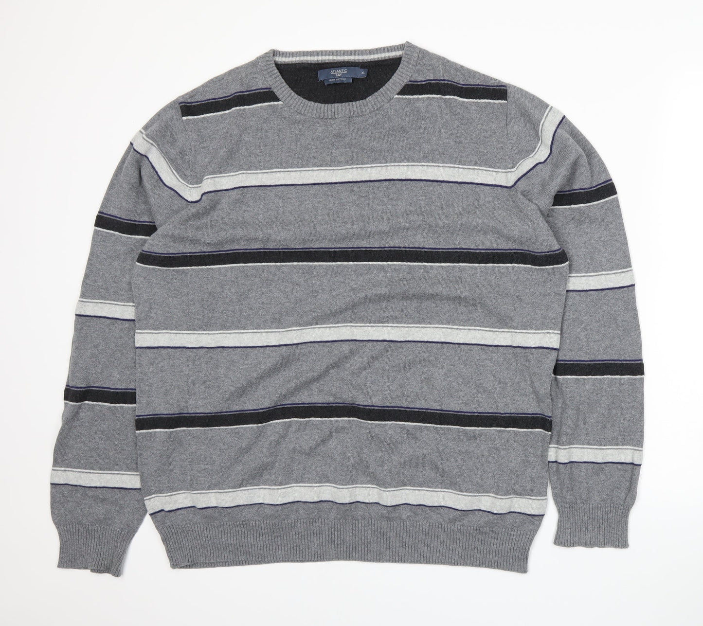 Atlantic Bay Mens Grey Striped Knit Pullover Jumper Size XL