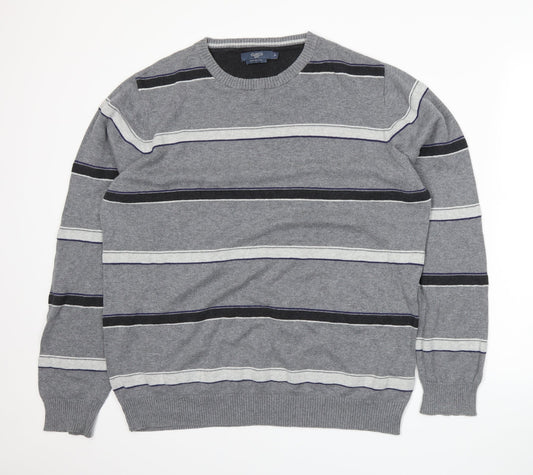 Atlantic Bay Mens Grey Striped Knit Pullover Jumper Size XL