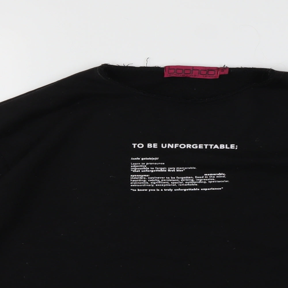 Close-up detail of Boohoo women’s black jumper, size UK 8
