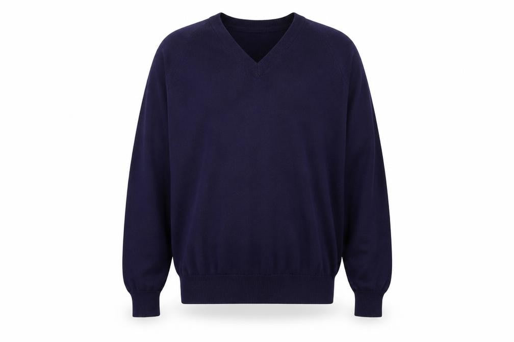 Front view of Classics men’s blue knit jumper, size XL