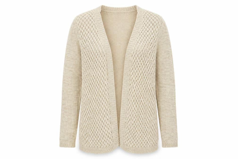 Front view of LUXE women’s blue knit cardigan jumper, size L