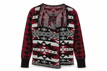 Front view of ESMARA women’s red geometric knit cardigan jumper, size M