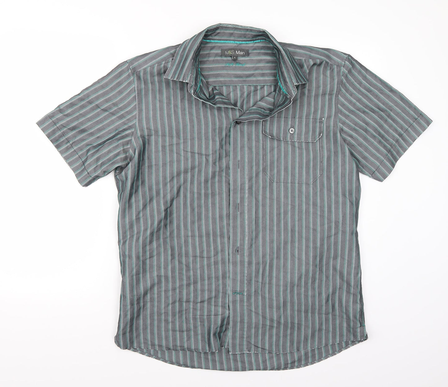 Mens UK Size M Marks and Spencer Grey  Button-Up Short Sleeve Casual Shirt